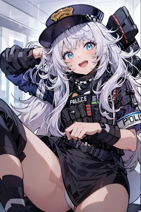  (upper body),open mouth, embarrassed ,blush,(spread legs:1.3),(legs up),panty shot,1girl, solo, long hair, blue eyes, white hair, messy hair, hat, black gloves, white socks, police uniform,(black skirt), short sleeves,perfect anatomy,masterpiece,high reso...