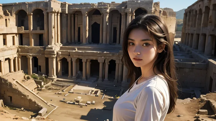 A beautiful woman. Twenty years old. She is looking at the camera with a serious expression. She is at an excavation site of an ancient ruin.