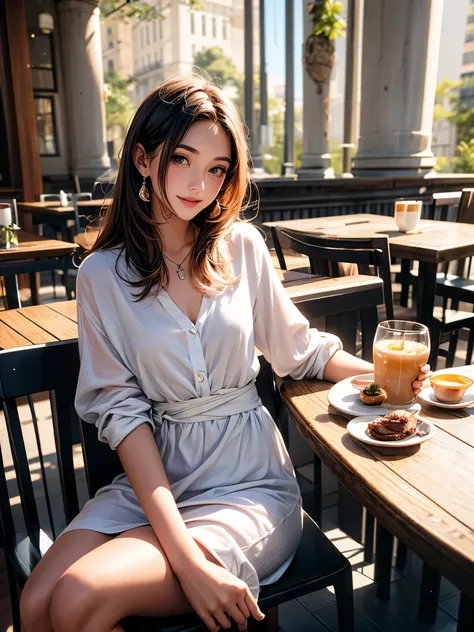 (Higher resolution, clearly_image) best quality, A woman, masterpiece, Very detailed, Semi-realistic, 26 years old, fair, young, Handsome, White and blue staggered dress, Small gemstone necklace around neck, External, Cafe Seating, window, sitting, afterno...