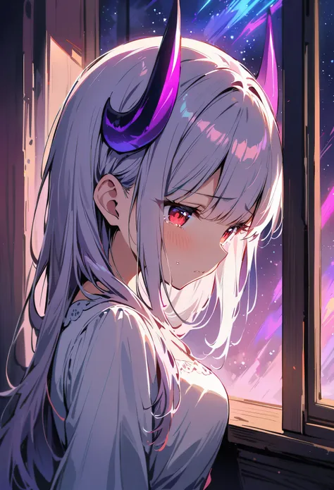 (best quality, masterpiece:1.2), 1 Girl, large red eyes,Drooping eyelids,Tears, White long hair,White Dress, There are two purple horns on the head, Purple Devil&#39;s Tail, blush,whole body,Gaze at the stars outside the window, Movie-level lighting effect...