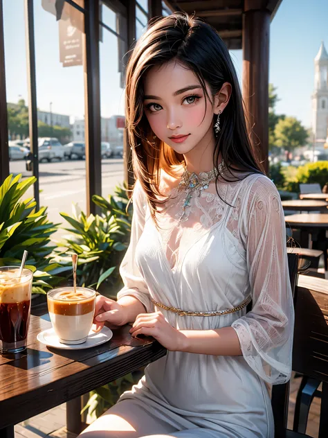 (Higher resolution, clearly_image) best quality, A woman, masterpiece, Very detailed, Semi-realistic, 26 years old, fair, young, Handsome, White and blue staggered dress, Small gemstone necklace around neck, External, Cafe Seating, window, sitting, afterno...