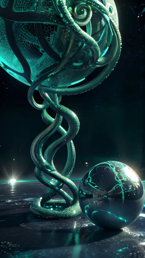 space background. spheres, tentacles. Green Ice Sex Statue. ((elegance. photorealism. Unreal engine. 3d model. Ultra high quality textures. High detail. 8k resolution))