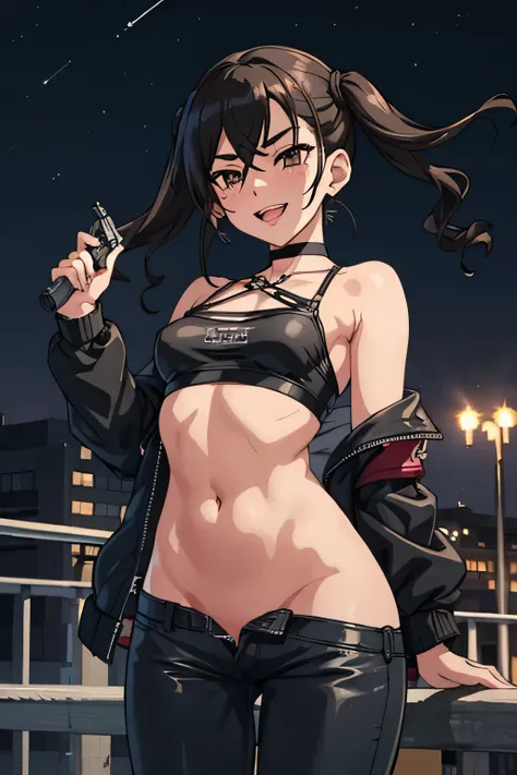 sunazuka akira, 1girl, brown_eyes, black_hair, hair_between_eyes, long_hair, twintails, large breasts, bangs, bracelet, choker, earrings, grin, jewelry, , outdoors, rooftop, cityscape, building, railing, night, night sky, scenery,
moon, city lights, blush,...