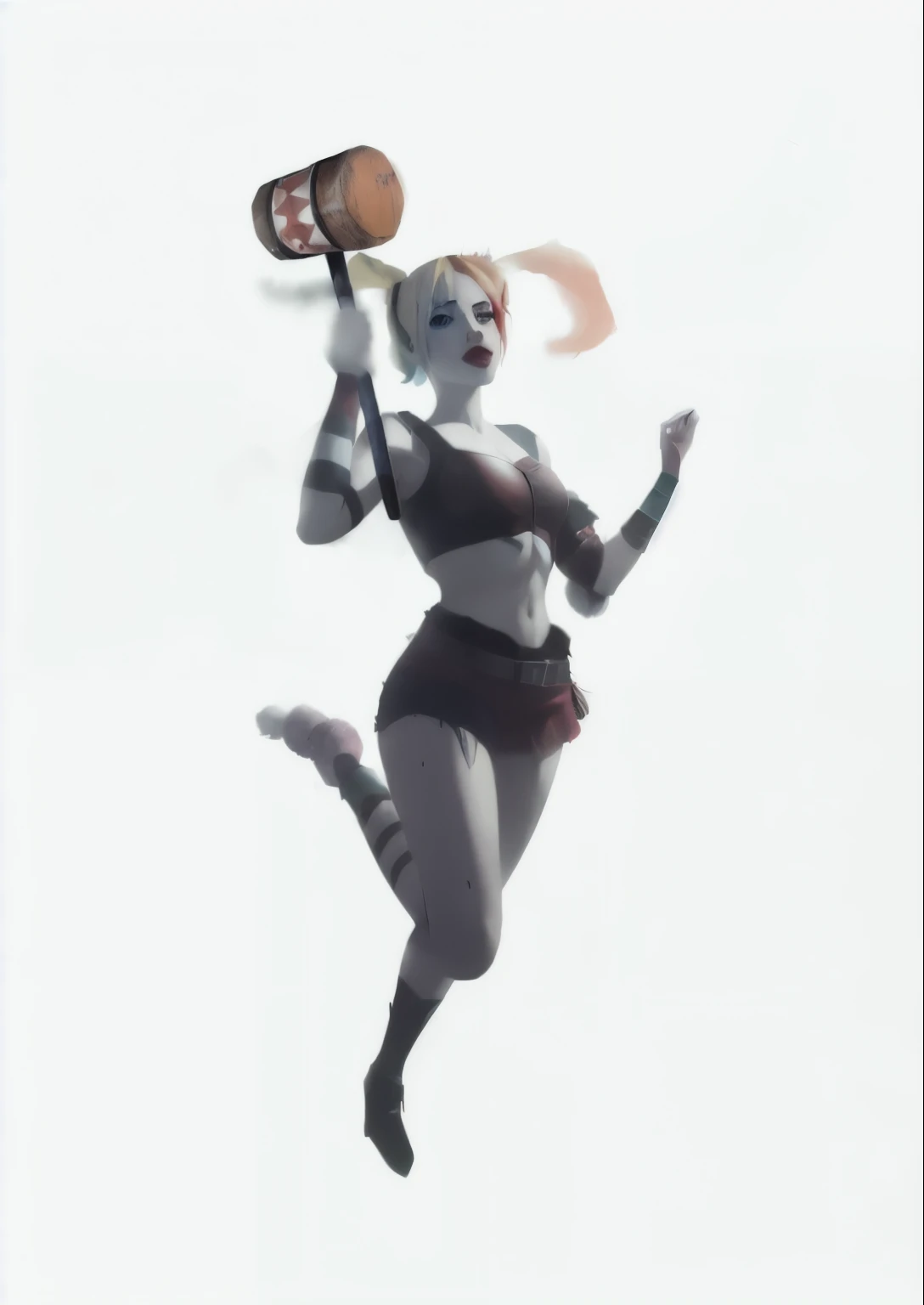 pretty girl dressed as harley quinn, with pigtails hair, with a hammer, holding a mallet, harley quinn, overwatch art, trending on artstation, highly detailed, hyper detail, character concept art, beautiful, sexy, comic book style