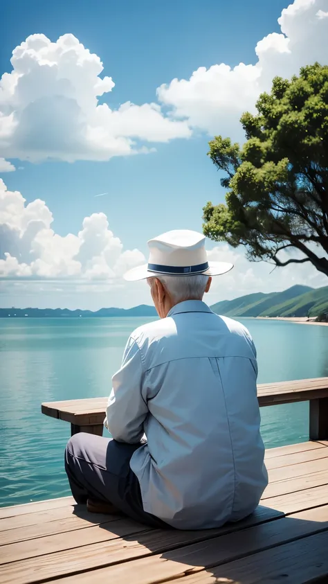 An old gentleman。On the calm sea like a mirror、Sit on a wooden bench。Rear view。Blue sky and white clouds。