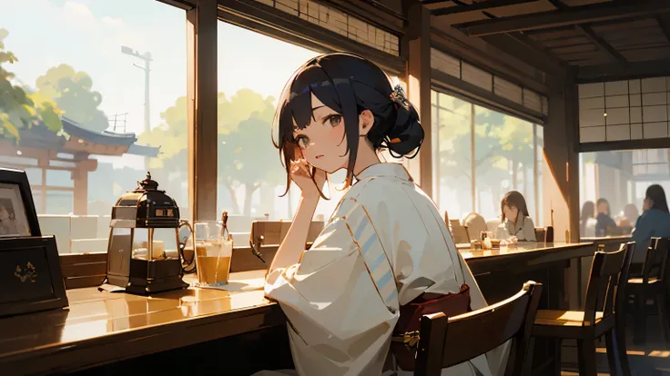 ((highest quality)), ((masterpiece)), (detailed), Perfect Face,1girl,Stylish cafe customers enjoy leisurely conversation while drinking tea, the flow of time is gentle. Occasionally, Japanese-style music plays, adding depth to the space.