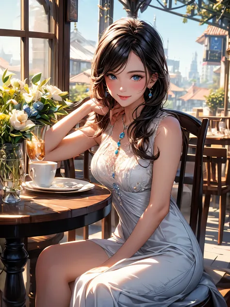 (Higher resolution, clearly_image) best quality, A woman, masterpiece, Very detailed, Semi-realistic, 26 years old, fair, young, Handsome, White and blue staggered dress, Small gemstone necklace around neck, External, Cafe Seating, window, sitting, afterno...