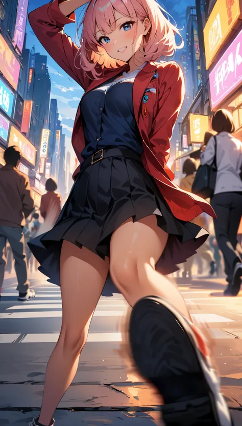 (high quality, 8k, 4K, High Contrast, masterpiece:1.2, 最high quality, Best aesthetics), Shibuya scramble crossing、Vibrant city lights、1 Female, focus on women, Light pink lips, Calm, smile, Facial details, Eye details, Intense dancing, Dance action pose, (...