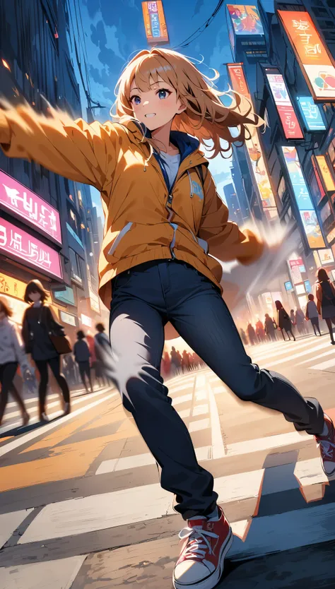 (high quality, 8k, 4K, High Contrast, masterpiece:1.2, 最high quality, Best aesthetics), Shibuya scramble crossing、Vibrant city lights、1 Female, focus on women, Intense dancing、Dance action pose, Backwards, (((Motion Blur Effect:1.6)))、atmosphere of tokyo、B...