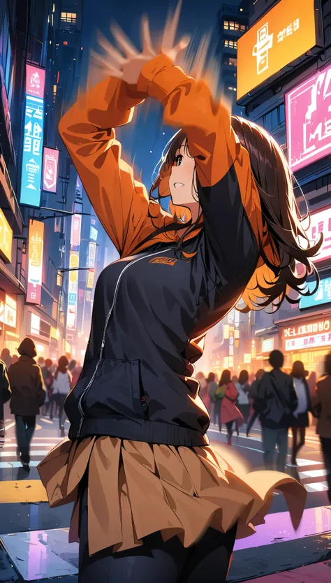 (high quality, 8k, 4K, High Contrast, masterpiece:1.2, 最high quality, Best aesthetics), Shibuya scramble crossing、Vibrant city lights、1 Female, focus on women, Intense dancing、Dance action pose, Backwards, (((Motion Blur Effect:1.6)))、atmosphere of tokyo、B...