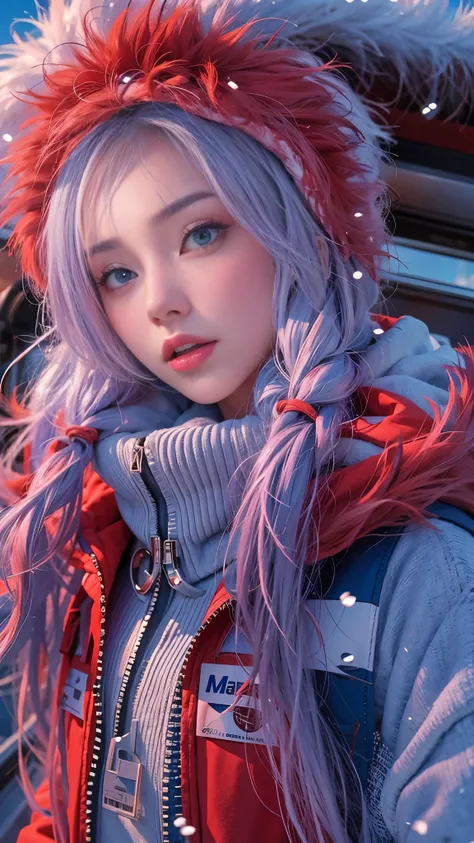 1 girl，28 years old，(beautiful girl)，fur-trimmed hooded jacket，Red down jacket，hands and feet，long blue hair，train,orbiting， snowfield, Sunset,(Super real)， (masterpiece),((Super detailed)), (Highly detailed),(Least expressive quality:1.2), High quality te...