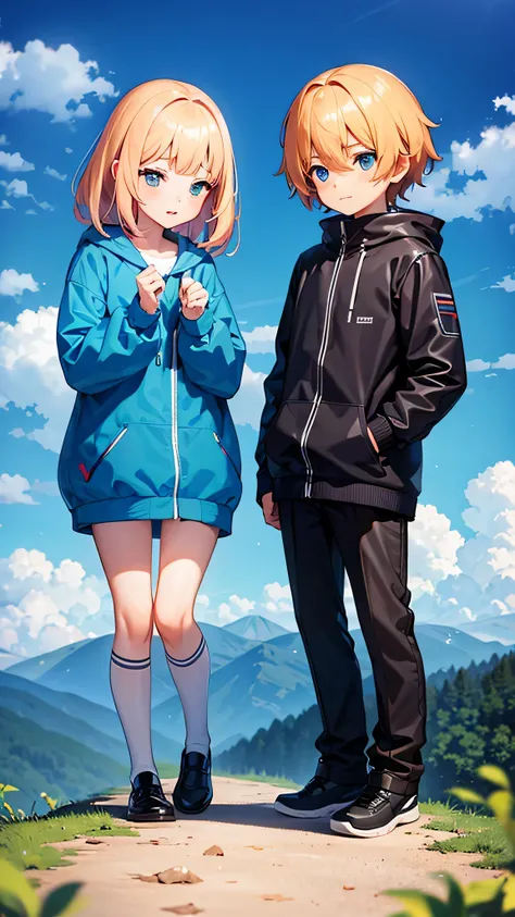 A boy and girl facing each other with cute sime in mountains 