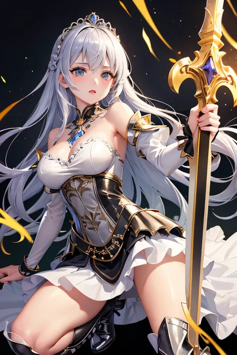 （（（highest quality、Masterpiece、Normal body、8k、Detailed face、Ultra-precision、Normal hand、Normal finger、５Finger、supreme）））Golden and silver hair、Princess、Gorgeous Dress、Frilled Skirt、Shiny Tiara、night armor、metal boots、Holy Sword、Overall view、Ripped Dress、To...