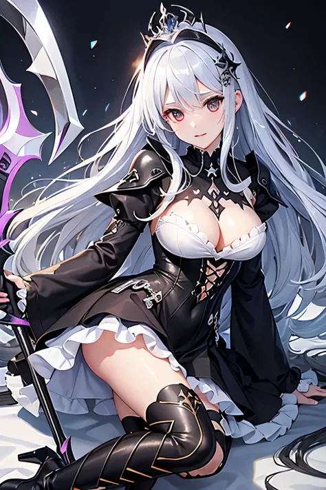 （（（highest quality、Masterpiece、Normal body、8k、Detailed face、Ultra-precision、Normal hand、Normal finger、５Finger、supreme）））Golden and silver hair、Princess、Gorgeous Dress、Frilled Skirt、Shiny Tiara、night armor、metal boots、death scythe、Overall view、Ripped Dress、...