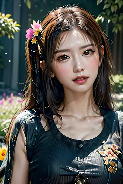 (((steampunk king:1.3))),(((A beautiful woman standing in the flower garden of an old Western castle:1.3))),Close-up,open the chest,Chest slip,Emphasize large breasts,Closed lips,Detailed clothing features,Detailed hair features,Detailed facial features,Lo...