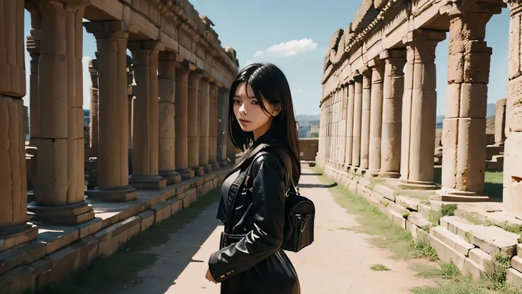 one beautiful woman。Black Hair。Explorers attire。She is standing in front of the ancient ruins。Serious expression。Twenty years old。