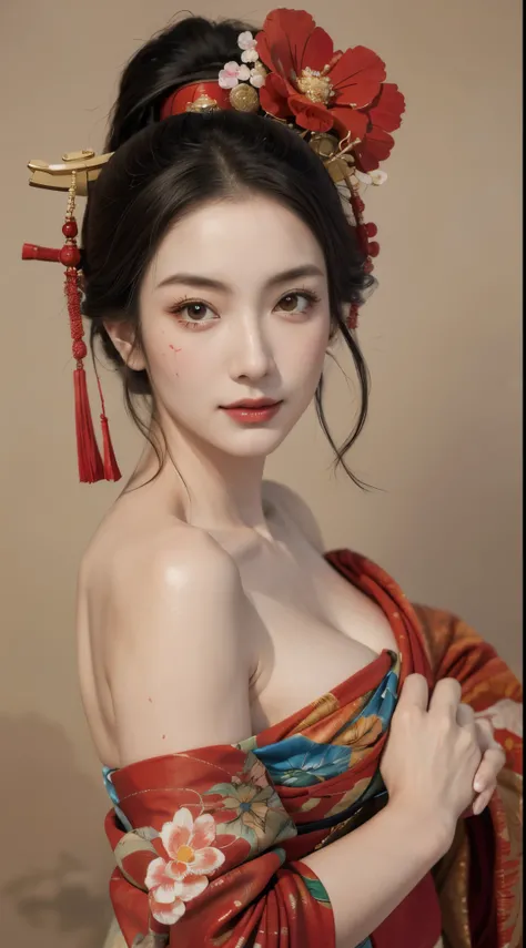 （tmasterpiece：1.2，best qualtiy），（Very detailed face，Real pictures，Realistic skin，photorealistic body，Complicated details），solo，1 milf，rcasual，ukiyoe painting，cropped shoulders，（aquarelle：1.3），Oiran，