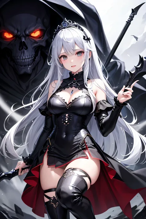 （（（highest quality、Masterpiece、Normal body、8k、Detailed face、Ultra-precision、Normal hand、Normal finger、５Finger、supreme）））Golden and silver hair、Princess、Gorgeous Dress、Frilled Skirt、Shiny Tiara、night armor、metal boots、White underwear、death scythe、Overall vi...