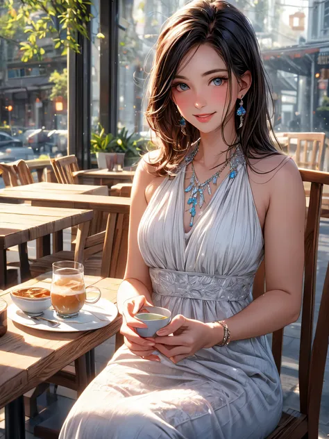 (Higher resolution, clearly_image) best quality, A woman, masterpiece, Very detailed, Semi-realistic, 26 years old, fair, young, Handsome, White and blue staggered dress, Small gemstone necklace around neck, External, Cafe Seating, window, sitting, afterno...