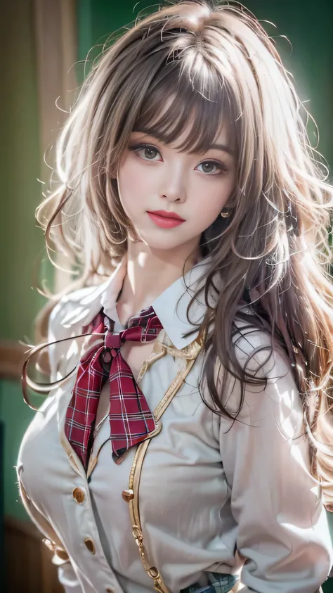 Realistic, High resolution, Soft Light,1 female, alone, jewelry, Current school classroom，Biggest eyes，Low chest, Long Hair、((color々hair with color)）(Super realistic)、(Awareness-raising)、(High resolution)、(8k)、(very get used to it)、(Best illustrations)、(Be...