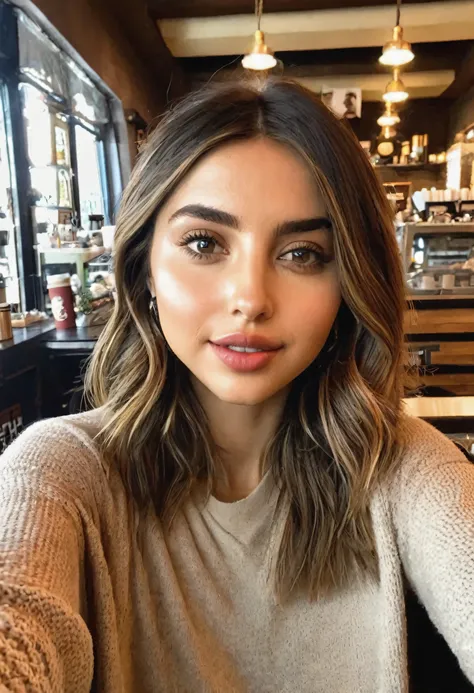 (ana de armas:1)(zendaya:0.4) ,girl with no makeup, selfie photo in cofee shop