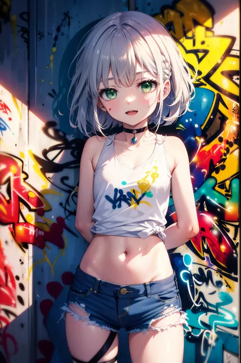 index, index, (Green Eyes:1.5), Silver Hair, Long Hair, (Flat Chest:1.2),happy smile, smile, Open your mouth,short braided hair,Headlock,Yellow Headband Belly Button Tank Top,Denim shorts, choker, (graffiti:1.5), Paint splashes, Put your arms behind your b...