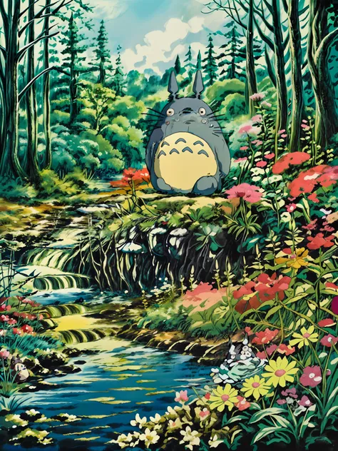 a painting of a totoro sitting near the river, flowers, multicolored flowers, my neighbor totoro, totoro from my neighbor totoro...