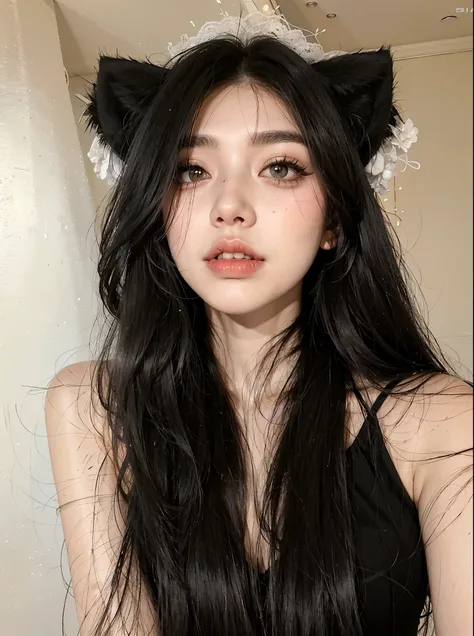 arafed woman with long black hair wearing a cat ears and a black dress, ulzzang, cruel korean goth girl, belle delphine, very beautiful cute catgirl, attractive cat girl, girl with cat ears, sakimichan, popular south korean makeup, black hair black cat ear...