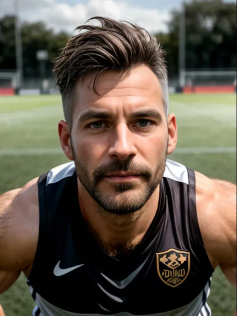 masterpiece, best quality, high resolution, closeup portrait, male focus, solo focus, A man, 45 years old, grey hair, soccer player, football player, grey silver hair, messy hairstyle, cute and seductive face, bare chest, body hair, facial hair, roman nose...