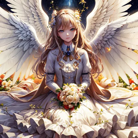 (masterpiece, highest quality, High resolution: 1.4), detailed, intricate detaileds, Beautiful girls, Angel big wings, Flower Hair Ornaments, Overhead glow, Light, garden, kind, Misha, glitter, bouquet, 4K, color splash, line art, art, Fibonacci,