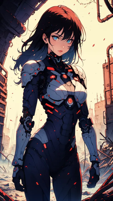 medium photo of a sexy cyborg woman in scratched and tarnished futuristic armor in a destroyed futuristic city, fantasy, science...