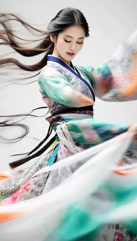 motion blur, black and white close up, white background, a woman in an intricate and colorful hanbok dress, spinning frantically...