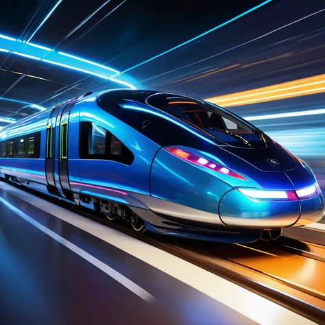 Fuzzy Dynamic Effect of Future Train During High Speed Driving, metallic materials,streamlined design,cutting-edge engineering,blurred effect,fast-paced,motion blur,futuristic atmosphere,vivid colors,glowing lights,neon accents,sleek and shiny appearance,s...