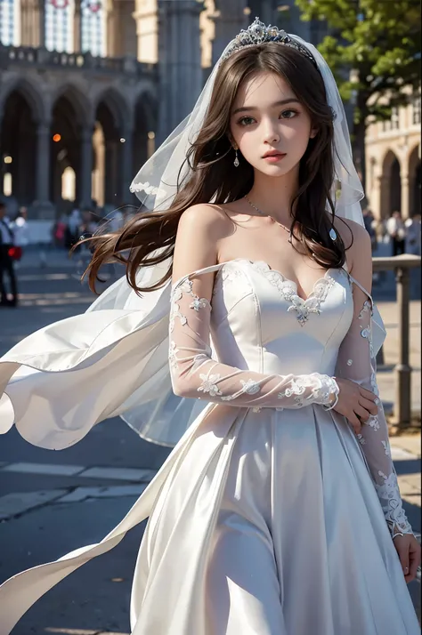 best quality, masterpiece, 1 girl, yak, cute teen, shiny lips, sweet, sun glare, Conservative attire, wedding dress, Bridal tiara, depth of field, blurred background, Cathedral Background, light particles, strong wind, long hair, head tilt