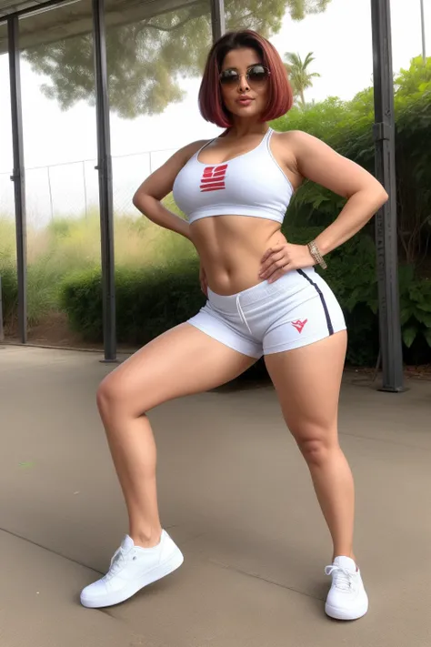 45YO MATURE MILF Aishwarya rai as sexy milf fitness model, body fit red gym sweatpants, ((white sneakers)) red knotted short top, navel out, posing outdoors in boys gym, sunny day scene, mature hourglass figure, cleavage show, look at camera and smirk, ((b...