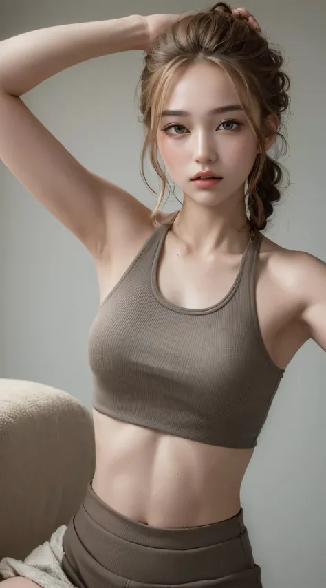 ((highest quality, 8K, masterpiece :1.3)), 1 Girl, A cute woman who emphasizes her slender abdominal muscles :1.3, (Random hairstyle :1.2), Oversized tank top :1.2, Ultra detailed face, Fine grain, double eyelid, Underarm,European,Blonde,
