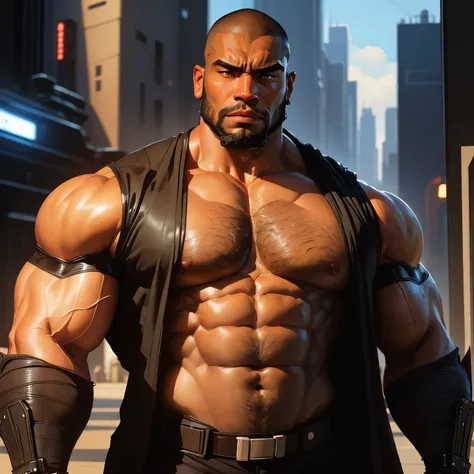 an exaggeratedly muscular and large bodyguard, beefy build, beard, dark-skinned african american male, buzzcut hair with square line, (worried expression: 1.2), (wearing jedi suit: 1.2), (bara pecs: 1.3), (arm and chest hair: 1.1), close-up portrait HD, (c...