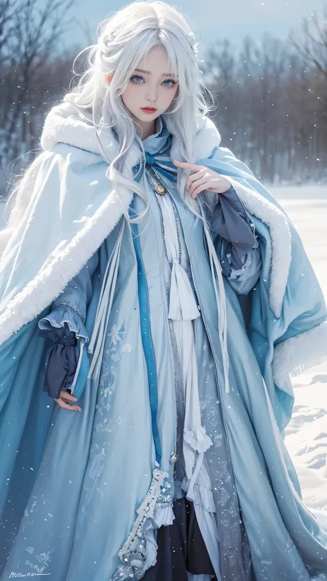 realisticlying, A high resolution, 1 Women, Alone, (Lolita costume)，Gorgeous costumes attract the audience，upper part of body，upper legeautiful blue eyes, White hair, eye socket, (external，Oyuki，Cloak，blanketed in a mantle of snow)，snow field