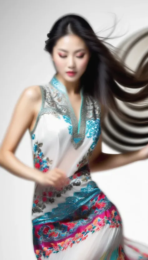 Motion bluMotion blur, black and white close up, white background, (a beautiful girl in an intricate and colorful Chinese dress is passionately beating a Chinese drum), translucent dormant air particles on the hem of the dress, professional fashion photogr...