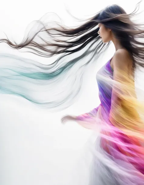 Motion Blur,black and white close up profile view of a woman in a complex colorful dress of misty translucent dormant air particles, on white background, professional fashion photography, super macro,hyper detailed texture of wavy long hair, poster like, j...