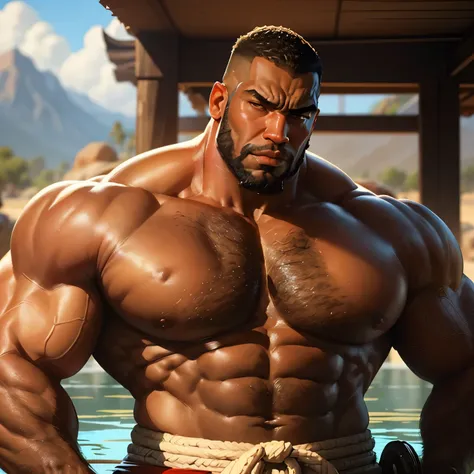 an exaggeratedly muscular and large bodyguard, beefy build, beard, dark-skinned african american male, buzzcut hair with square line, (worried expression: 1.2), (wearing fundoshi: 1.2), (bara pecs: 1.3), (arm and chest hair: 1.1), close-up portrait HD, (co...