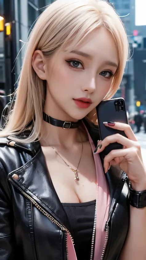 ((Beautiful girl holding a mobile phone in her hand)) 4K 8K:: Realistic::4 Cyberpunk::1 --v 4 --Quality 2  