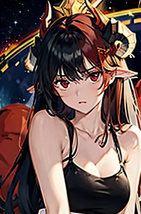 two-tone hair, black hair, red hair, red eyes, horns, very long hair, fluffy hair, disheveled hair, x hair ornament, space BREAK upper body, dark sports bra 