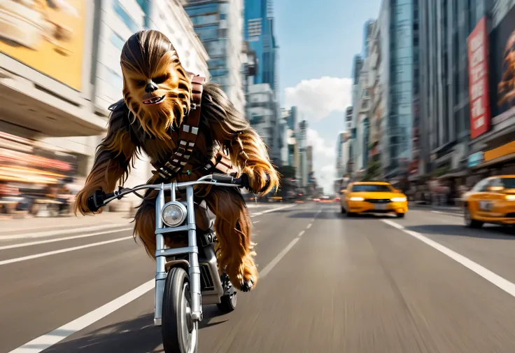 motion blur effect, chewbacca on speeder bike flying down the street of the metropolis, high speed, motion blur, focus on chewba...