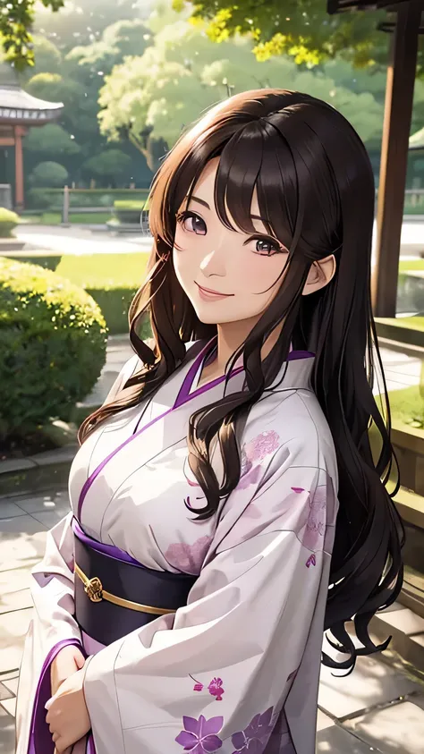 Middle-aged oriental woman, long light brown wavy hair, small violet eyes, discreet smile. She wears a kimono with light pastel colors. In an oriental garden.