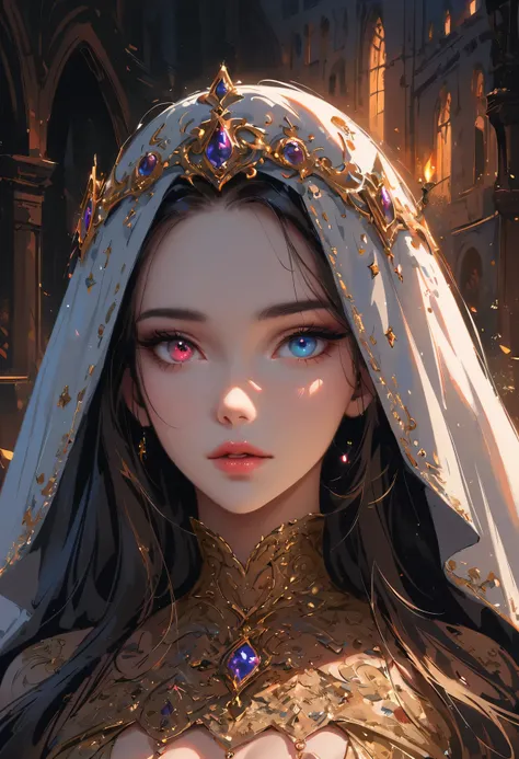 sakimychan style, Wlop style, portrait, Delicate face, Beautiful woman, Full lips, Opaque veil, Medieval veil, Head Rail, 12th century, Heterochromia of the Eyes, iridescent eyes, medieval clothing, Briot, Lord of the Rings dress, Nearly perfect, Beautiful...