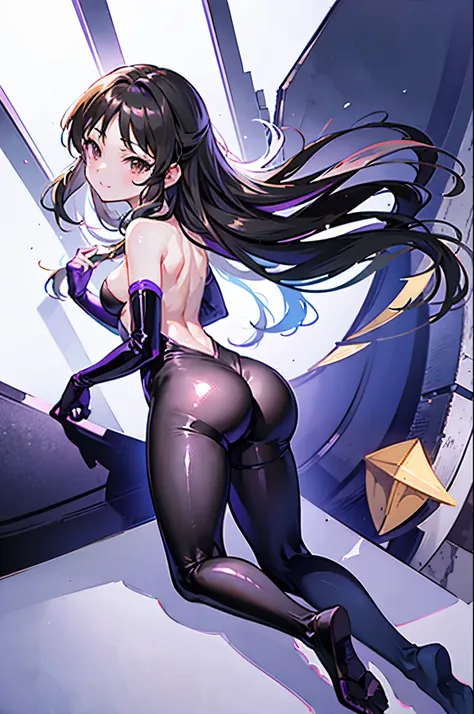 highest quality　Highest quality　draw the face carefully　Anime style high quality face　super shiny skin　black full body suit　purple pantyhose　Succubus　lure　smile　Rear view　Back view