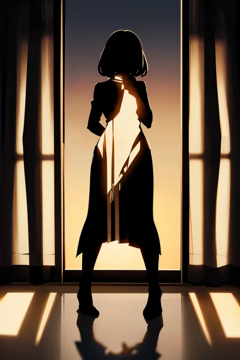 shadow art, fusion art, silhouette art, masterpiece, womans shadow reflected on transparent and translucent curtains