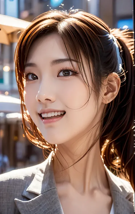 masutepiece,(An ultra-high picture quality),Japan Girl,Delicate face during lunch,Delicate skin,delicate nose,Delicate lips,delicate hair,Beautiful face,Angles facing the viewer,Laughing and having fun,Stylish café,Beautiful cityscape,Smooth semi-long chig...