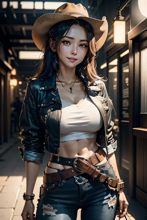 Wild West cityscape,wasteland,gunslinger costume,Short leather jacket with front opening,A ripped and tattered white shirt,Ripped and tattered distressed jeans,(Put the gun belt around your waist:1.3),(Gun Holster:1.3),Equipped with a Winchester M73 rifle ...